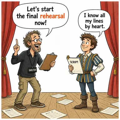 rehearsal (prova) karikatürü — diyalogla bağlam içinde öğren