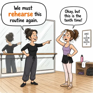 rehearse (prova yapmak) karikatürü — diyalogla bağlam içinde öğren