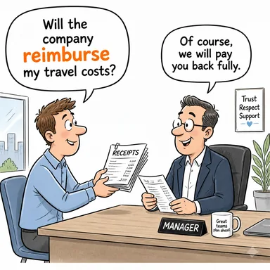 reimburse (masrafı ödemek, tazmin etmek, iade etmek) karikatürü — diyalogla bağlam içinde öğren