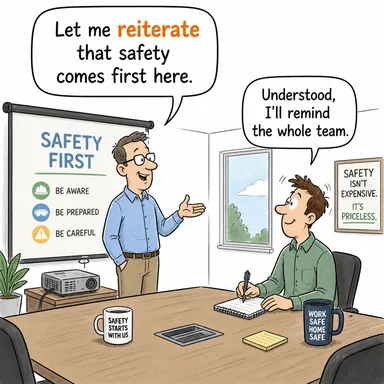 reiterate (tekrarlamak, yinelemek (vurgulamak için)) karikatürü — diyalogla bağlam içinde öğren