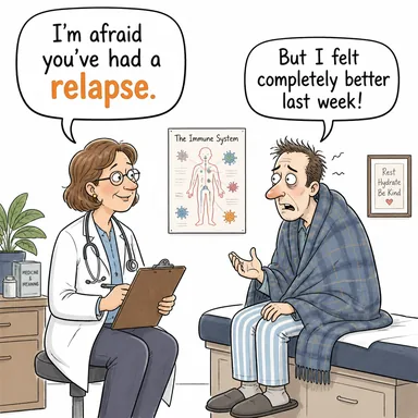 relapse (nüksetme, (hastalık/kötü alışkanlık) geri gelme) karikatürü — diyalogla bağlam içinde öğren