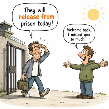release from (-den serbest bırakmak, -den tahliye etmek) karikatürü — diyalogla bağlam içinde öğren