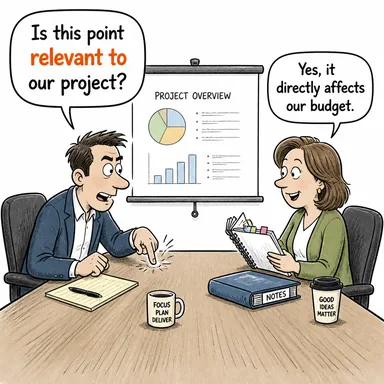relevant to (ile ilgili, konuyla alakalı) karikatürü — diyalogla bağlam içinde öğren