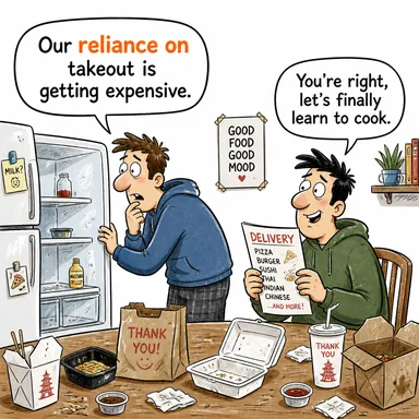 reliance on (-e güvenme, bel bağlama, bağımlılık) karikatürü — diyalogla bağlam içinde öğren