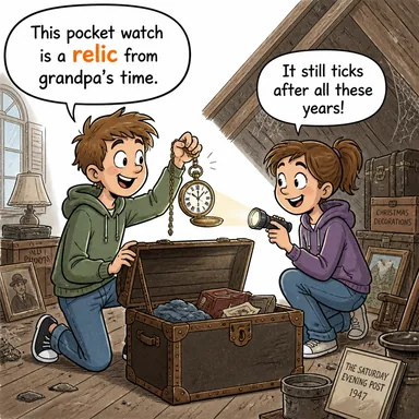 relic (kalıntı, yadigar, eski eser) karikatürü — diyalogla bağlam içinde öğren
