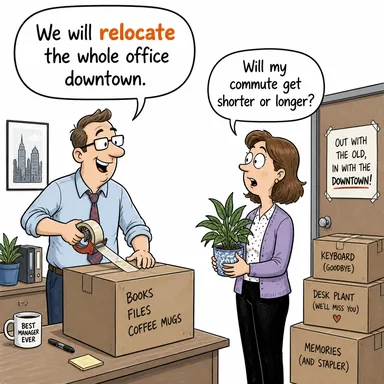 relocate (yerini değiştirmek, taşınmak) karikatürü — diyalogla bağlam içinde öğren