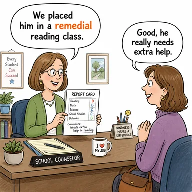 remedial (iyileştirici, onarıcı, takviye (eğitim)) karikatürü — diyalogla bağlam içinde öğren