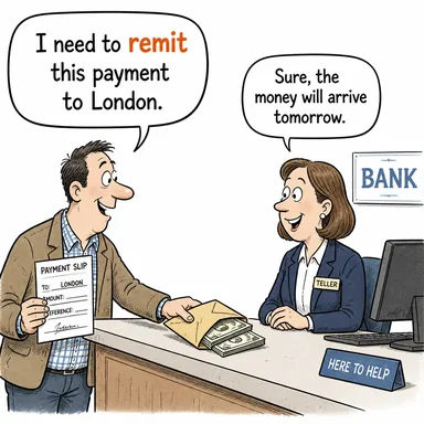 remit ((para) havale etmek, (ceza/borç) affetmek, (yetki) devretmek) karikatürü — diyalogla bağlam içinde öğren