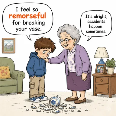 remorseful (pişman, vicdan azabı çeken) karikatürü — diyalogla bağlam içinde öğren