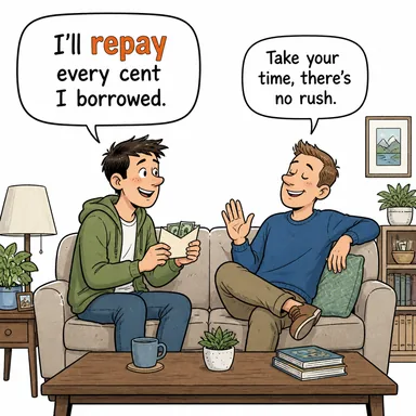 repay (geri ödemek, karşılığını vermek) karikatürü — diyalogla bağlam içinde öğren