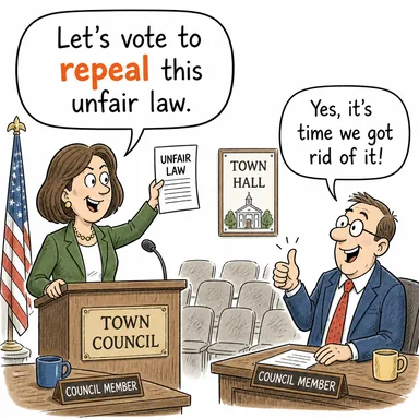 repeal ((yasa) yürürlükten kaldırmak, iptal etmek, feshetmek) karikatürü — diyalogla bağlam içinde öğren
