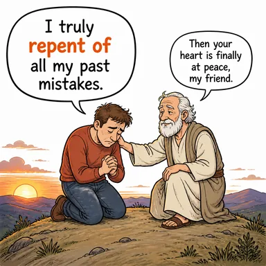 repent of (tövbe etmek, pişman olmak) karikatürü — diyalogla bağlam içinde öğren