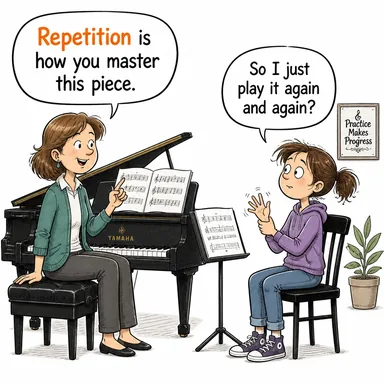 repetition (tekrar, yineleme) karikatürü — diyalogla bağlam içinde öğren
