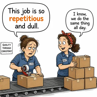 repetitious (tekrar edip duran, bıktırıcı, monoton) karikatürü — diyalogla bağlam içinde öğren