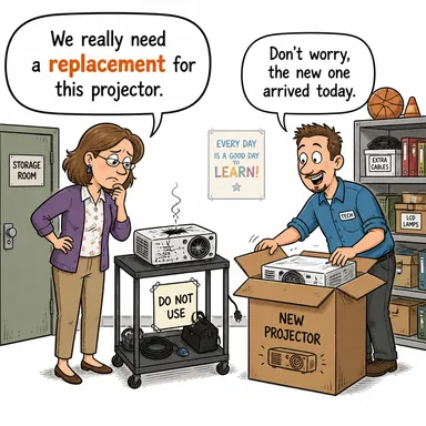 replacement (yenisiyle değiştirme, yerine geçen kişi/şey, yedek parça) karikatürü — diyalogla bağlam içinde öğren