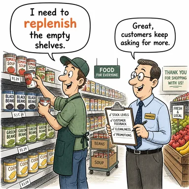 replenish (yeniden doldurmak, takviye etmek, yenilemek) karikatürü — diyalogla bağlam içinde öğren