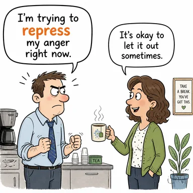 repress (baskılamak, (duygu) içine atmak, bastırmak) karikatürü — diyalogla bağlam içinde öğren