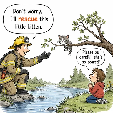 rescue (kurtarmak; kurtarma) karikatürü — diyalogla bağlam içinde öğren