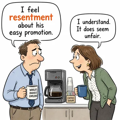 resentment (gücenme, kırgınlık, hınç) karikatürü — diyalogla bağlam içinde öğren