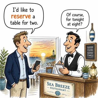reserve (ayırtmak (yer), saklamak, tahsis etmek; ihtiyat) karikatürü — diyalogla bağlam içinde öğren