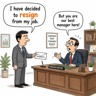 resign (istifa etmek, (görevden) ayrılmak, (durumu) kabullenmek) karikatürü — diyalogla bağlam içinde öğren