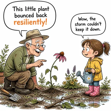resiliently (esnek biçimde, çabuk toparlanarak, dirençle) karikatürü — diyalogla bağlam içinde öğren