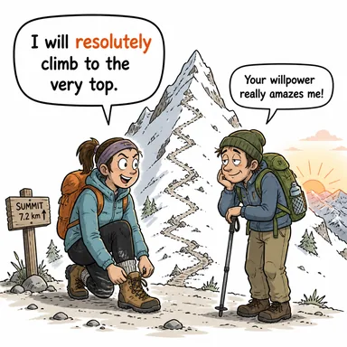 resolutely (kararlılıkla, azimle) karikatürü — diyalogla bağlam içinde öğren