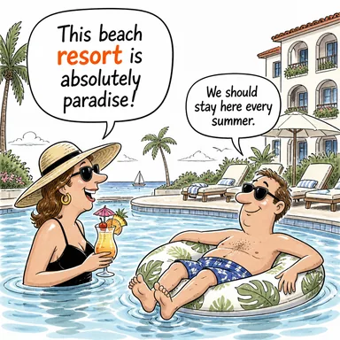 resort (tatil yeri; başvurma, çare) karikatürü — diyalogla bağlam içinde öğren