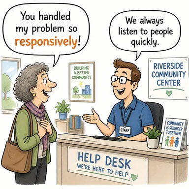 responsively (duyarlı bir şekilde, tepki vererek) karikatürü — diyalogla bağlam içinde öğren
