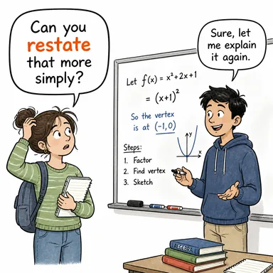 restate (yeniden ifade etmek, başka bir deyişle anlatmak) karikatürü — diyalogla bağlam içinde öğren