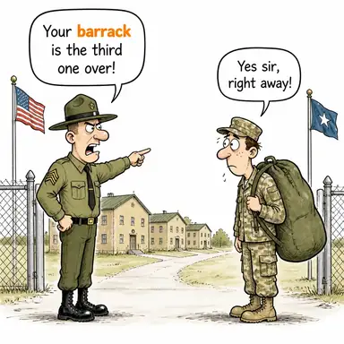 barrack (kışla, baraka (askeri koğuş)) karikatürü — diyalogla bağlam içinde öğren