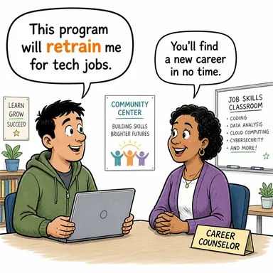 retrain (yeniden eğitmek, meslek içi eğitimden geçirmek) karikatürü — diyalogla bağlam içinde öğren