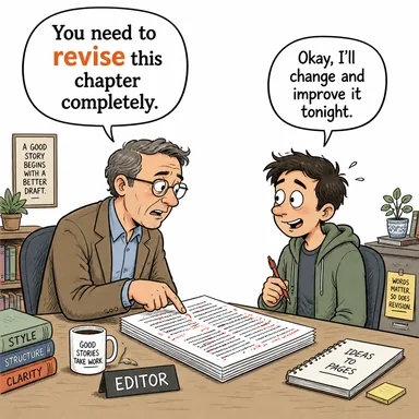revise (gözden geçirmek, (değişiklik yaparak) düzeltmek) karikatürü — diyalogla bağlam içinde öğren