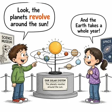revolve (dönmek, devir yapmak) karikatürü — diyalogla bağlam içinde öğren