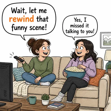 rewind (geri sarmak) karikatürü — diyalogla bağlam içinde öğren