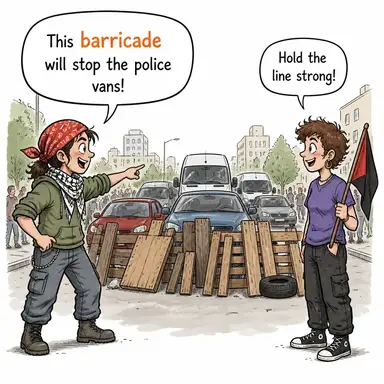 barricade (barikat, engel) karikatürü — diyalogla bağlam içinde öğren