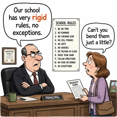 rigid (katı, sert, esnemeyen (kural veya madde)) karikatürü — diyalogla bağlam içinde öğren