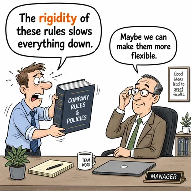 rigidity (katılık, sertlik, esnemezlik) karikatürü — diyalogla bağlam içinde öğren
