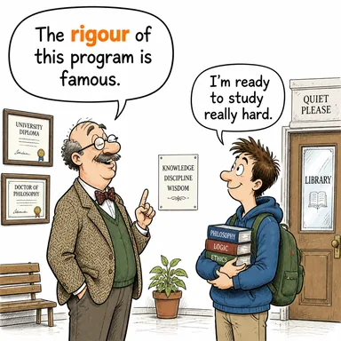 rigour (titizlik, zorluk, ciddiyet) karikatürü — diyalogla bağlam içinde öğren