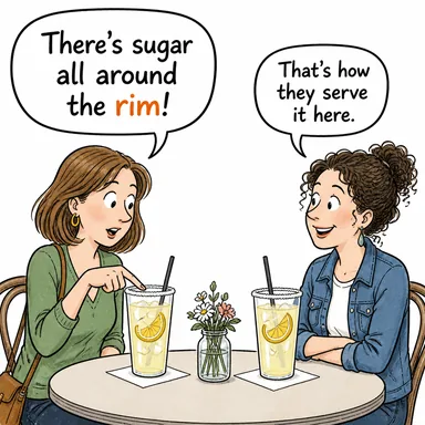 rim (kenar, ağız (bardak vb.), jant) karikatürü — diyalogla bağlam içinde öğren