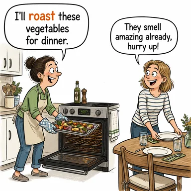 roast (fırında kızartmak, kavurmak) karikatürü — diyalogla bağlam içinde öğren
