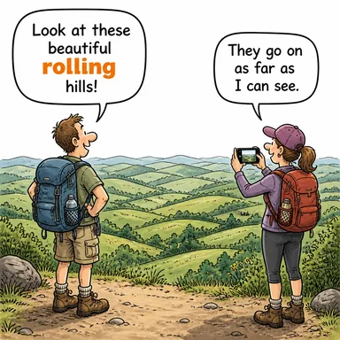 rolling (dalgalı (arazi), peş peşe gelen, yuvarlanan) karikatürü — diyalogla bağlam içinde öğren