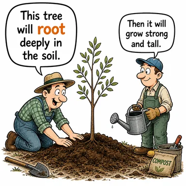root (kök salmak, sağlamlaştırmak) karikatürü — diyalogla bağlam içinde öğren
