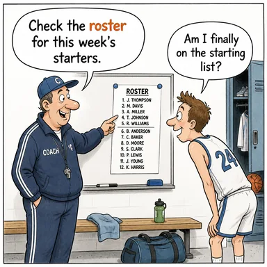roster (görev listesi, isim listesi, kadro) karikatürü — diyalogla bağlam içinde öğren