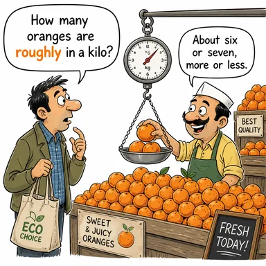 roughly (kabaca, aşağı yukarı, yaklaşık) karikatürü — diyalogla bağlam içinde öğren