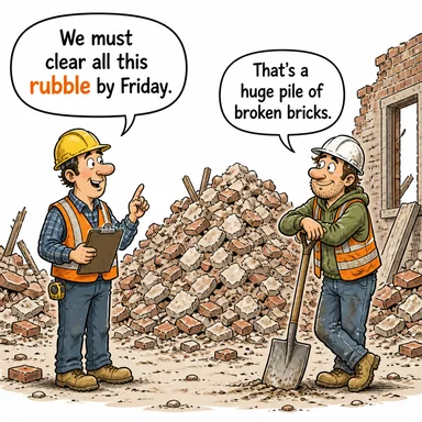 rubble (moloz, enkaz yığını) karikatürü — diyalogla bağlam içinde öğren