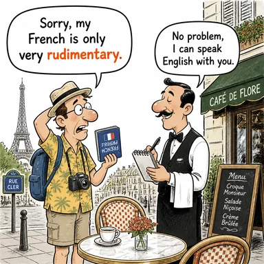 rudimentary (ilkel, temel, henüz gelişmemiş) karikatürü — diyalogla bağlam içinde öğren