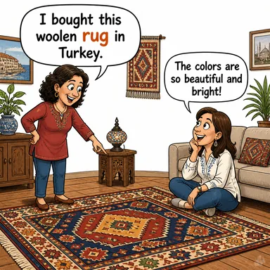 rug (kilim, küçük halı) karikatürü — diyalogla bağlam içinde öğren
