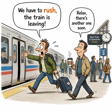 rush (acele etmek, hücum etmek) karikatürü — diyalogla bağlam içinde öğren