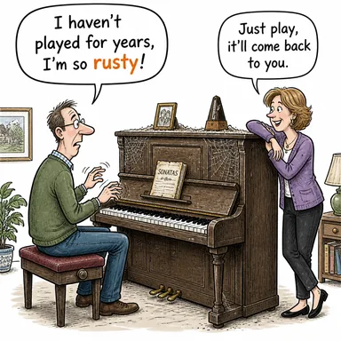 rusty (paslı, (yetenek/bilgi için) körelmiş) karikatürü — diyalogla bağlam içinde öğren